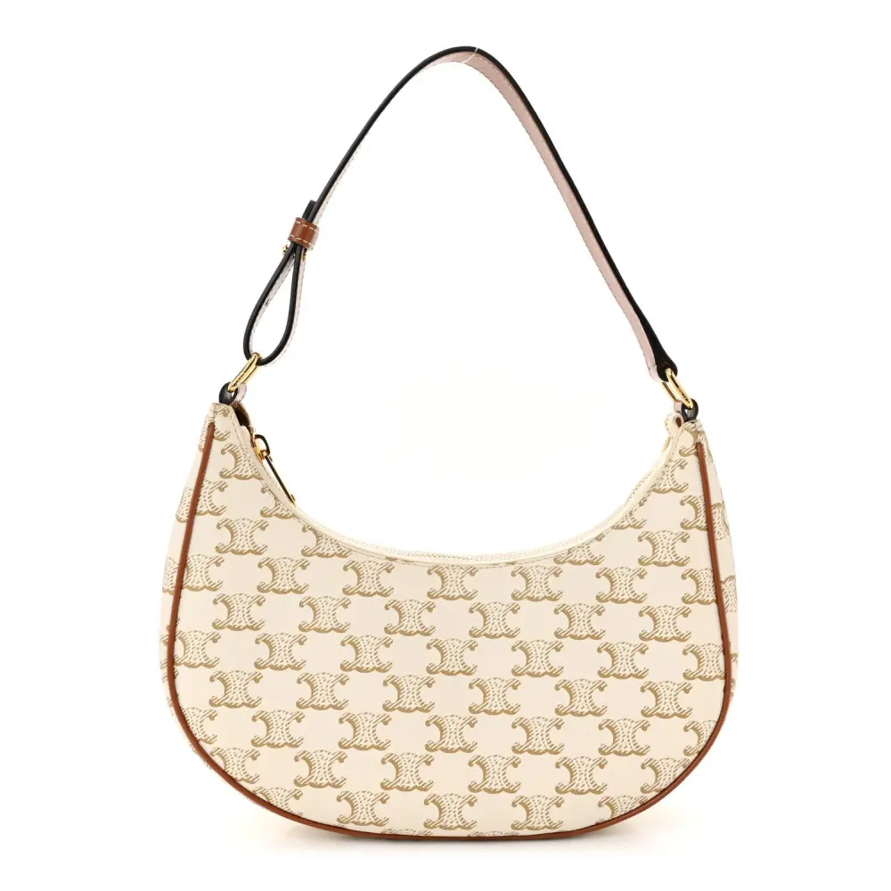 Celine White Canvas & Calfskin Leather Small Ava Triomphe Shoulder Bag Gold Hardware Front replica handbags