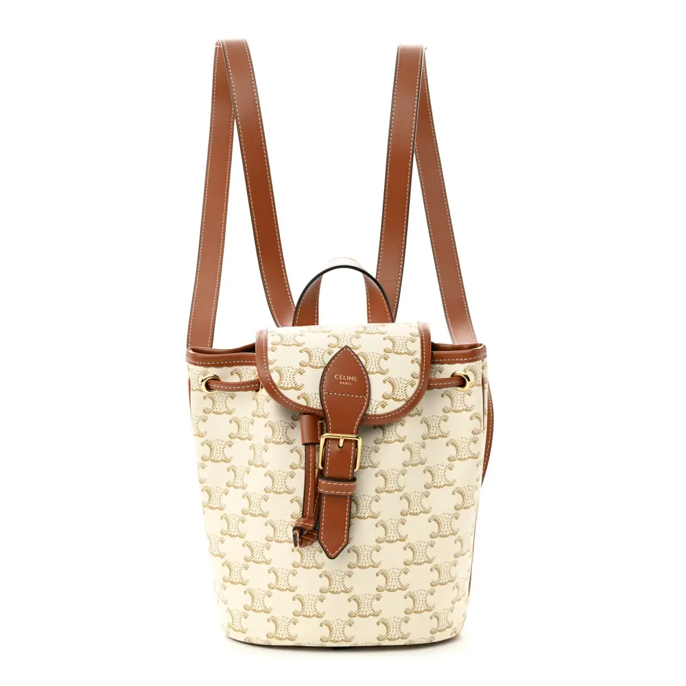 Celine White Triomphe Canvas & Calfskin Leather Mini Folco Backpack Gold Hardware Front Replica handbags
