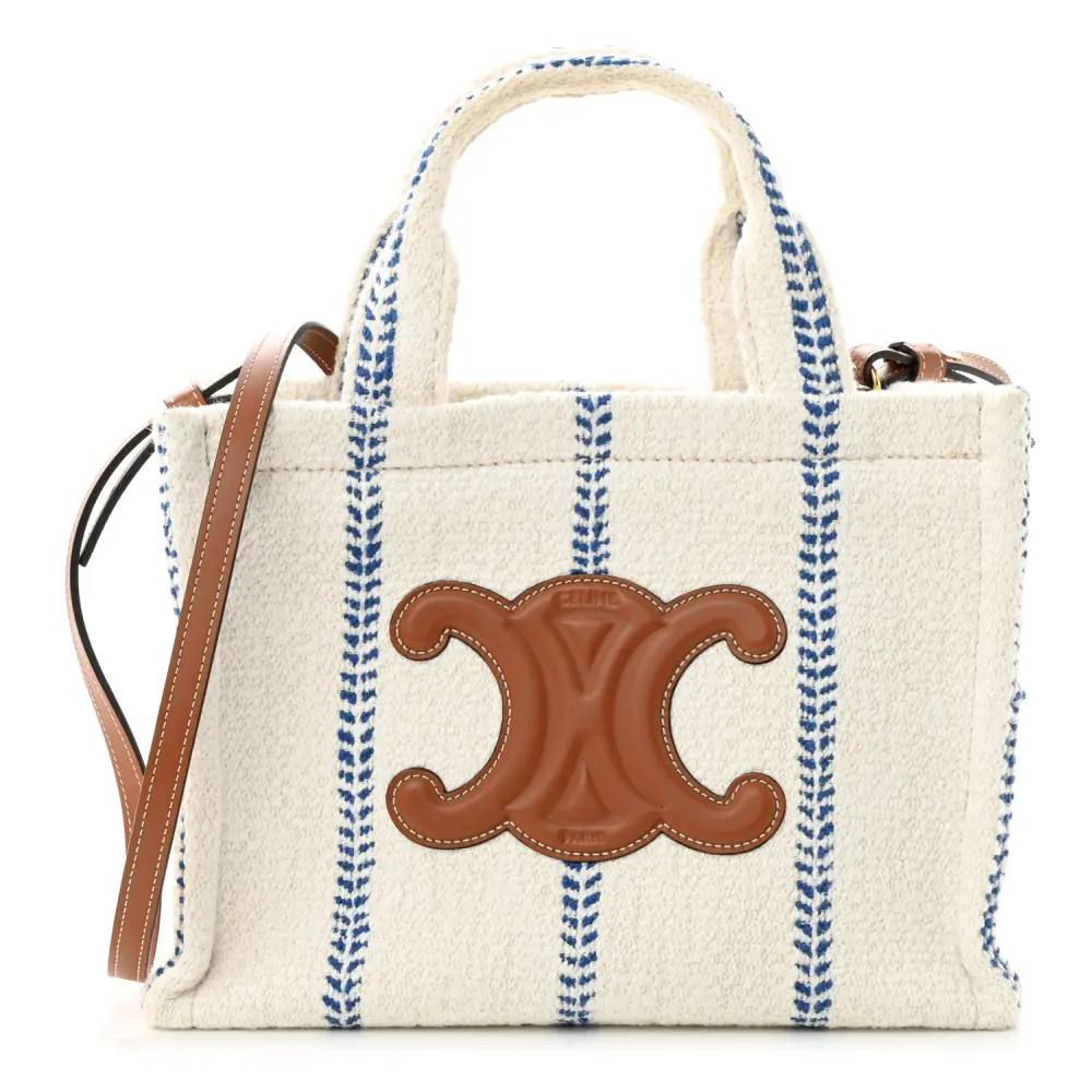Celine WhiteBlue Canvas & Calfskin Leather Stripe Small Cabas Thais Tote Bag Front replica handbags
