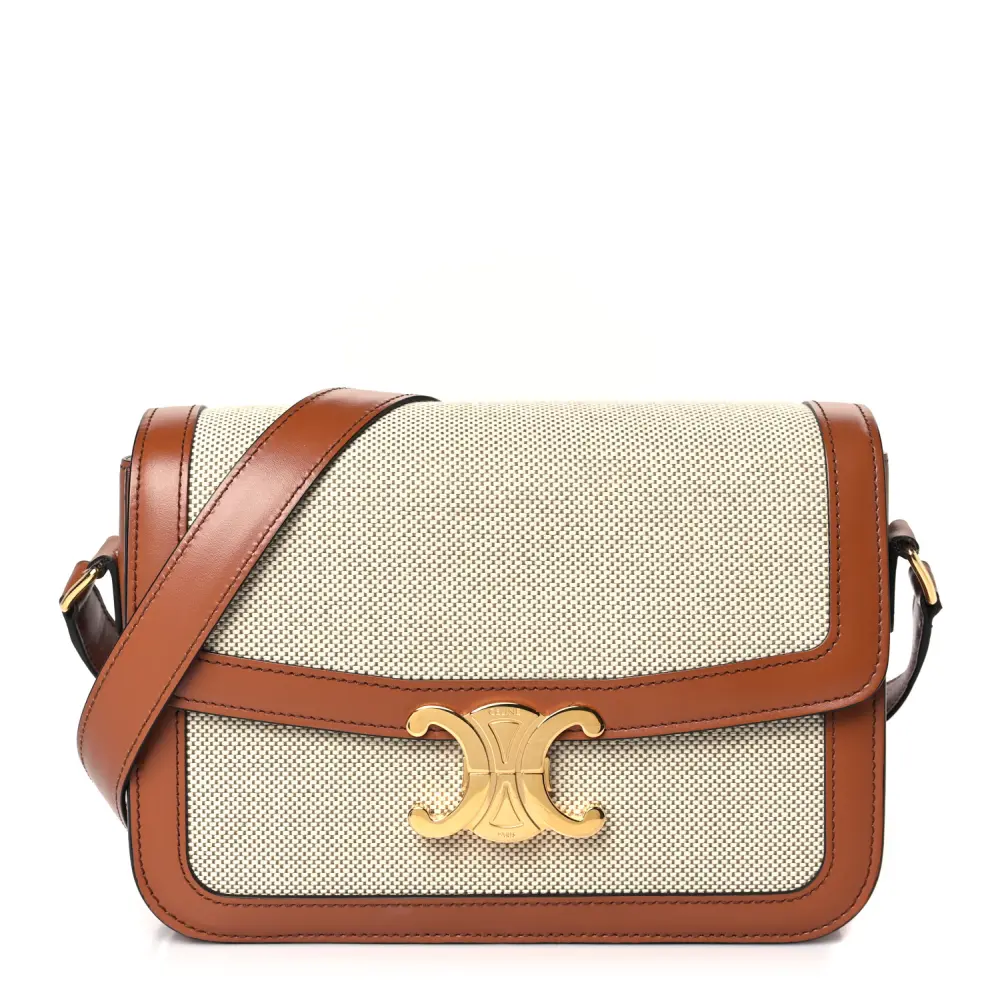 Celine WhiteTan Textile Natural Calfskin Leather Medium Classique Triomphe Bag Gold Hardware Front replica handbags