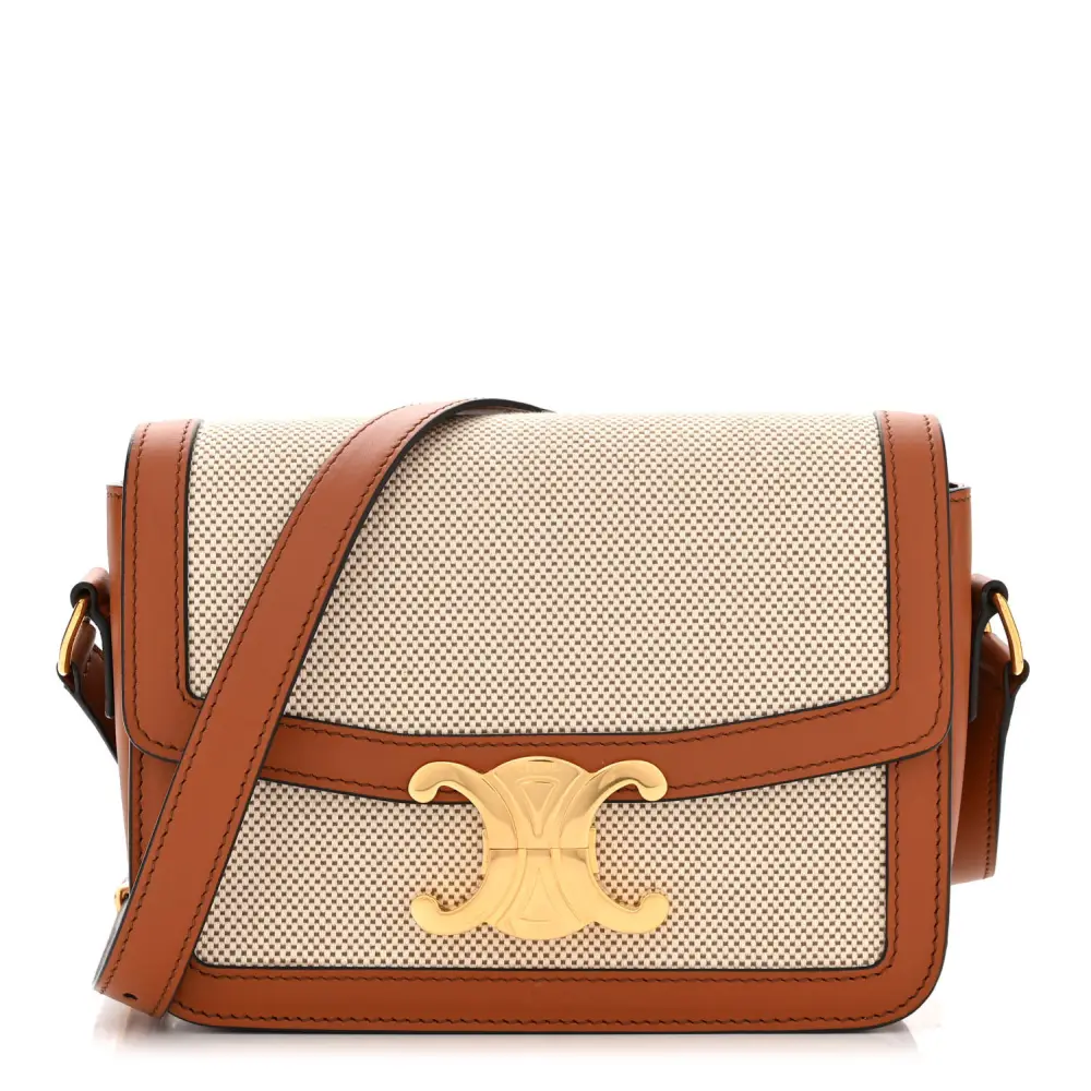 Celine WhiteTan Textile Natural Calfskin Leather Small Teen Triomphe Bag Gold Hardware Front replica handbags
