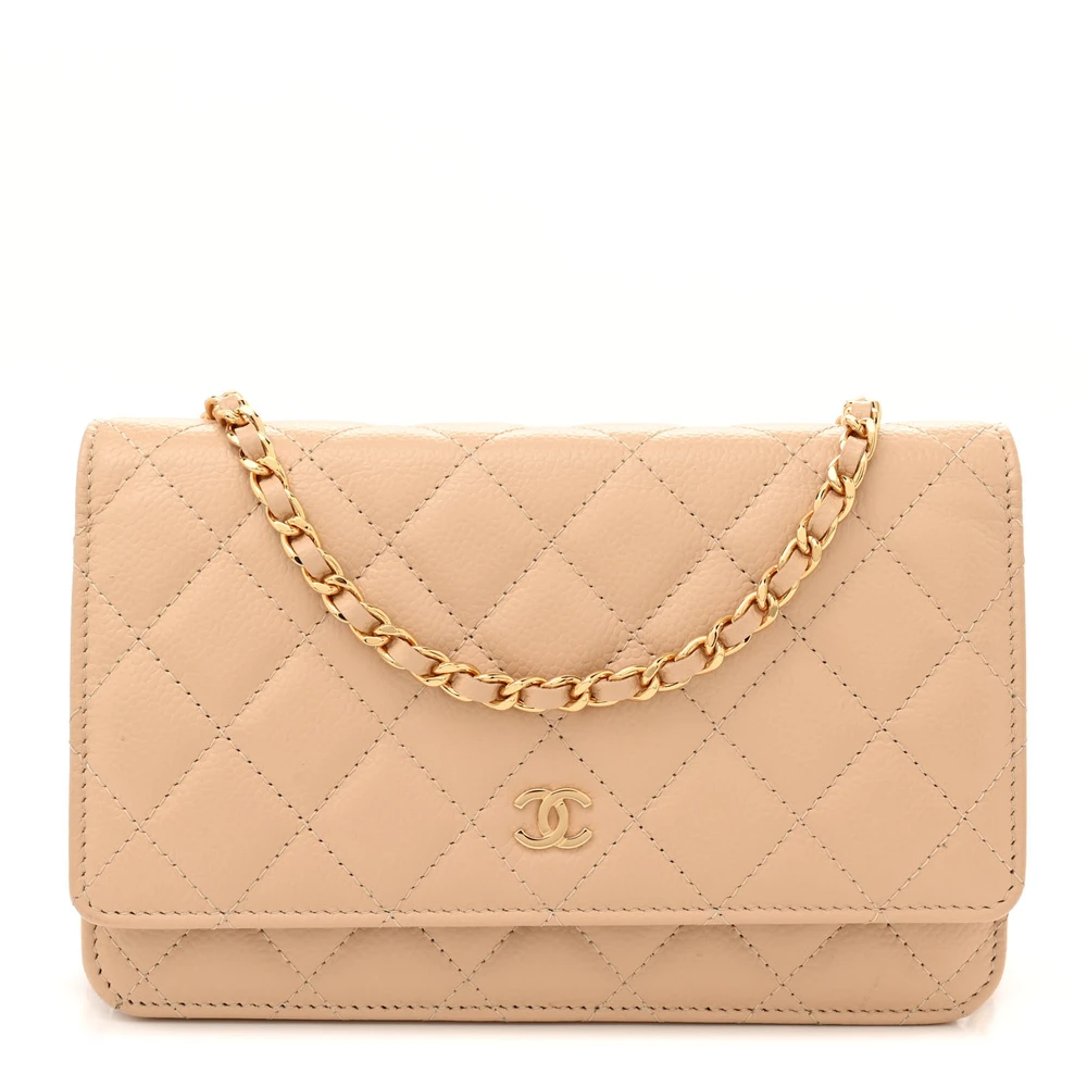 Chanel Beige Quilted Caviar Leather Small Wallet On Chain (WOC) Gold Hardware Front replica handbags