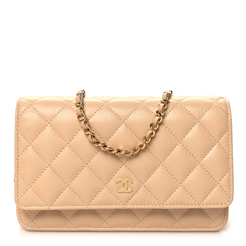 Chanel Beige Quilted Caviar Leather Small Wallet On Chain (WOC) Gold Hardware Front replica handbag