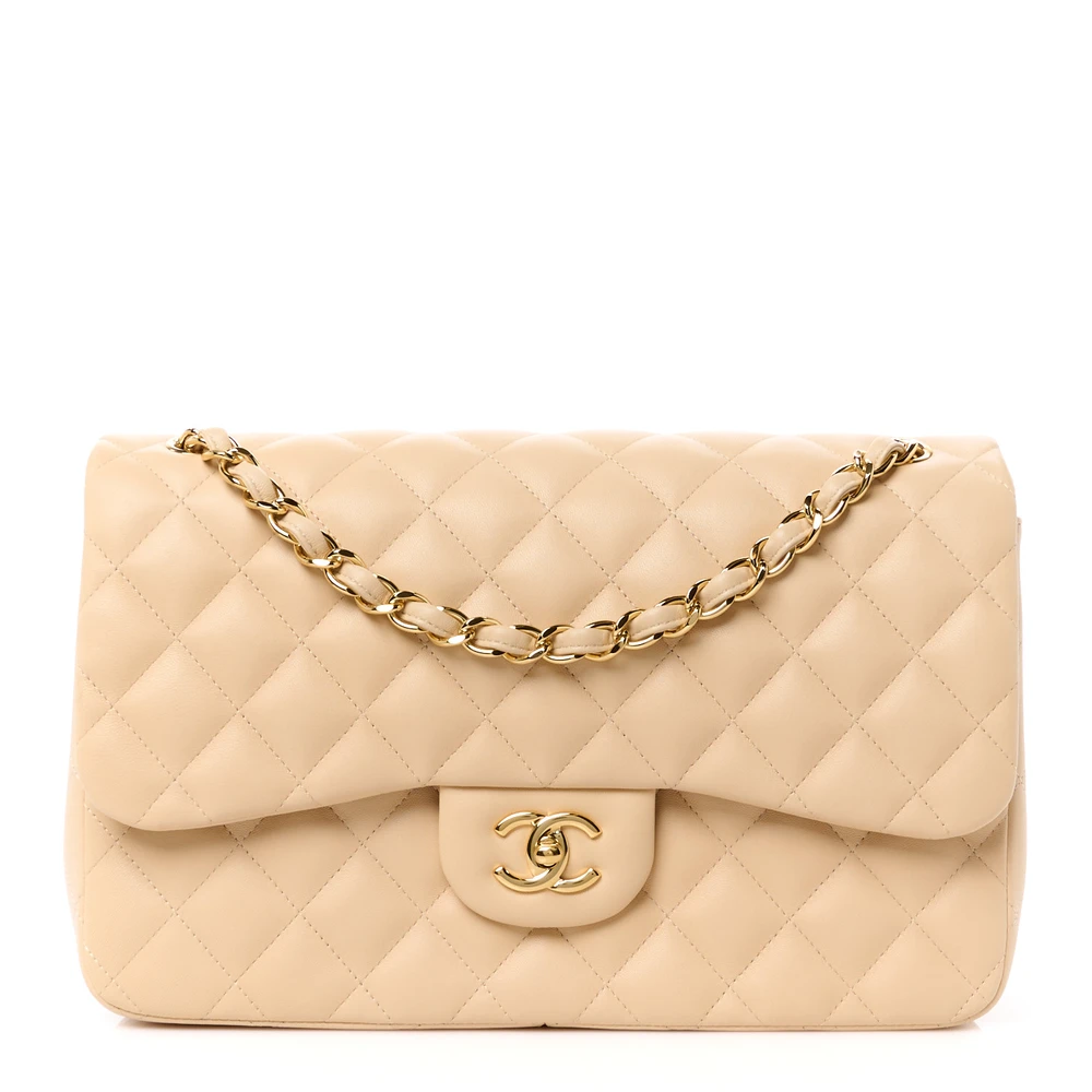 Chanel Beige Quilted Lambskin Leather Jumbo Double Flap Gold Hardware Front replica handbag
