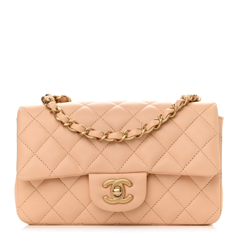 Chanel Beige Quilted Lambskin Leather Mini Rectangular Flap Gold Hardware Front replica handbags