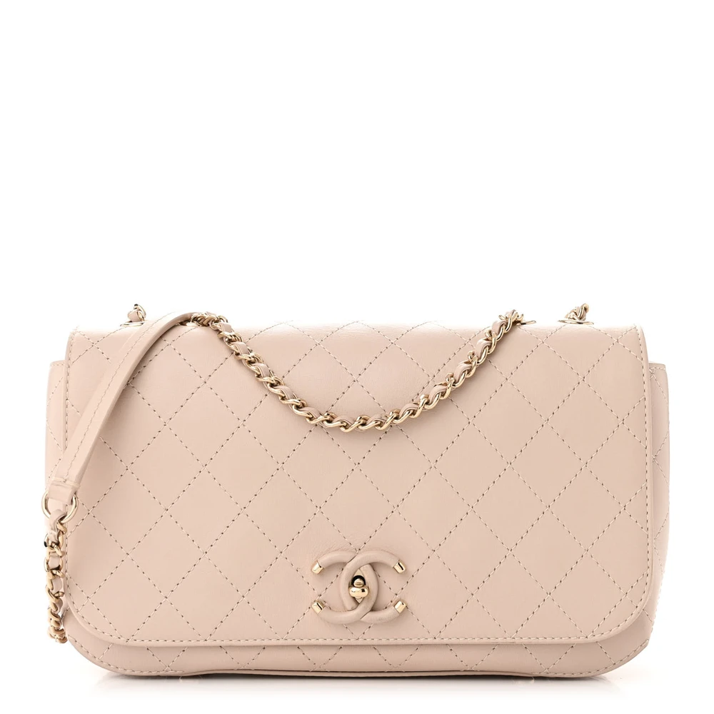 Chanel Beige Stitched Calfskin Leather Medium Covered CC Flap Gold Hardware Front replica handbag