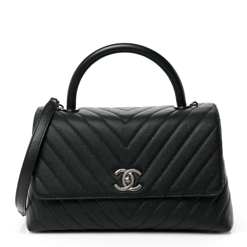 Chanel Black Chevron Quilted Caviar Leather Small Coco Handle Flap Silver Hardware Front replica handbag