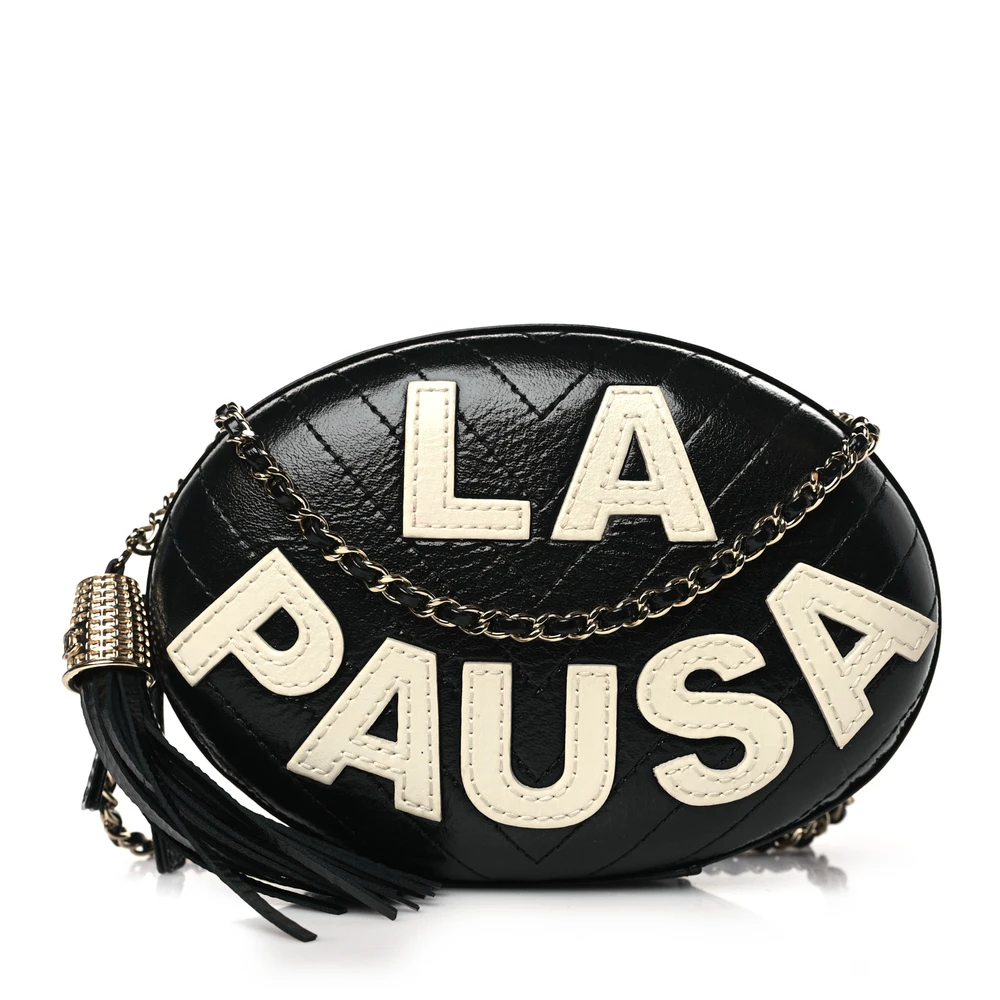 Chanel Black Embroidered Chevron Quilted Lambskin Leather Medium La Pausa Tassel Clutch Light Gold Hardware Front replica handbag