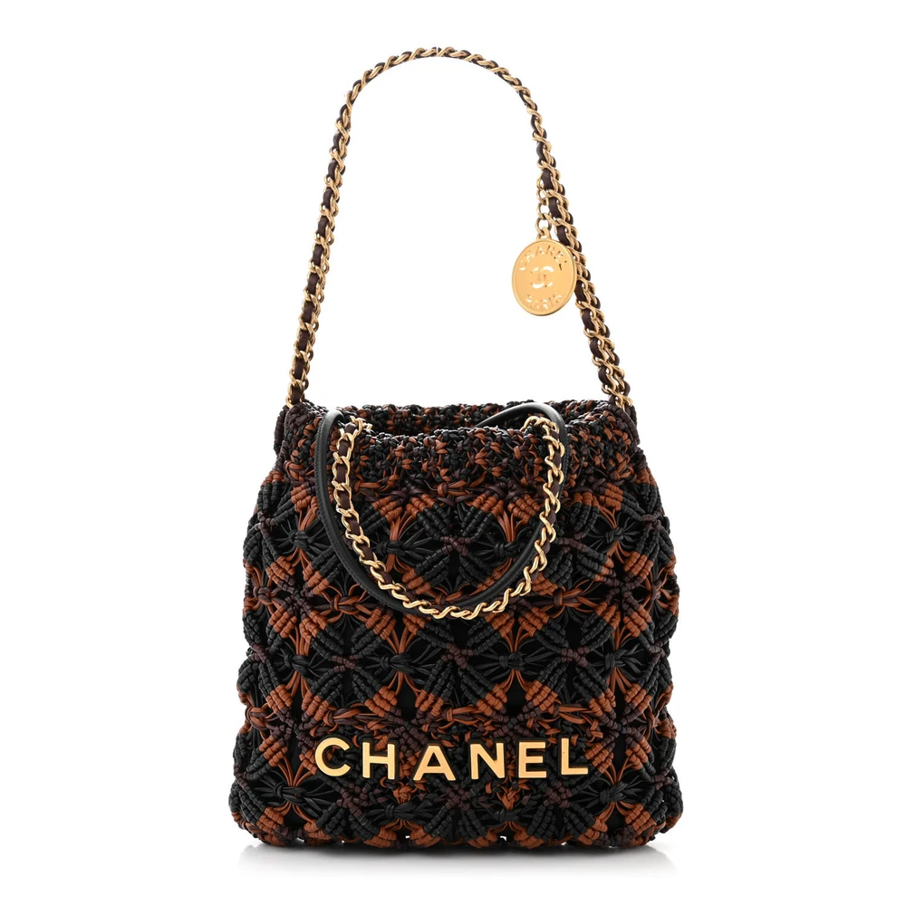 Chanel Black Light Brown Burgundy Calfskin Leather Macrame Mini Chanel 22 Aged Gold Hardware Front replica handbag