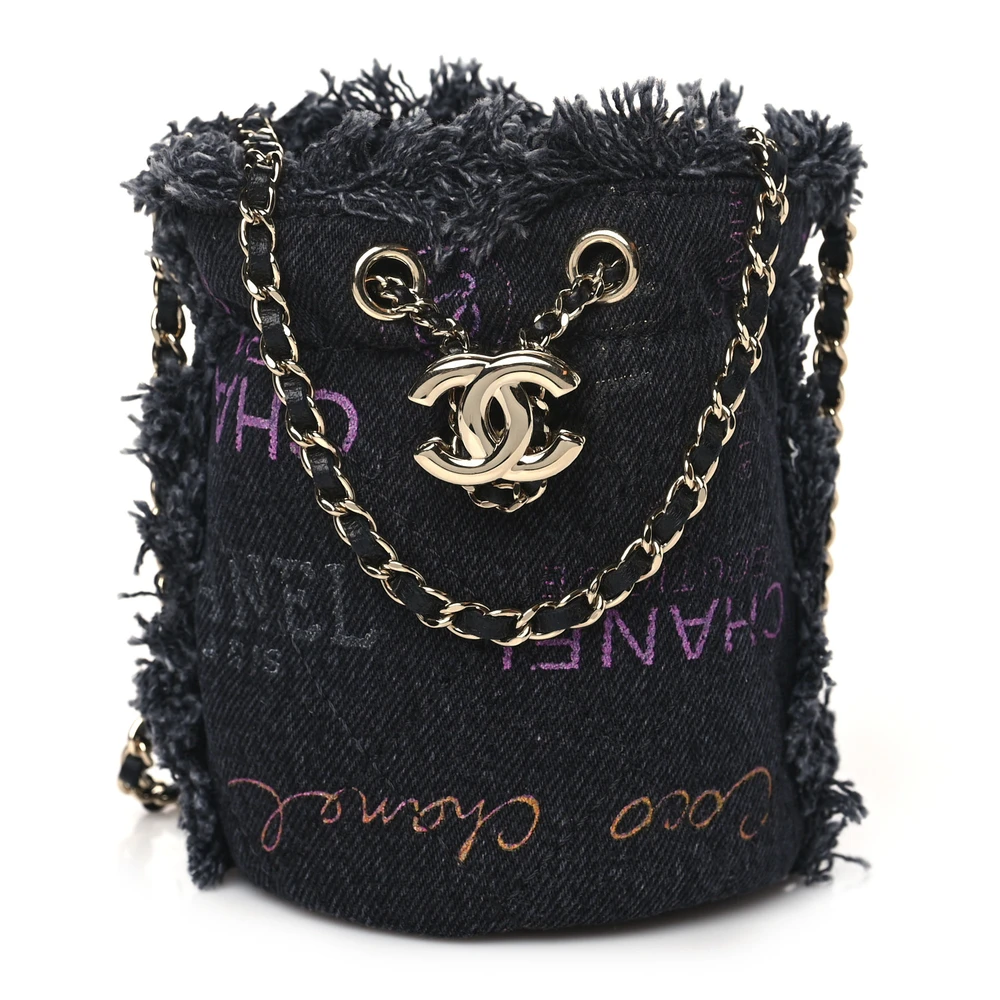 Chanel Black Multicolor Quilted Denim Mood Mini Bucket Bag With Chain Light Gold Hardware Front replica handbag
