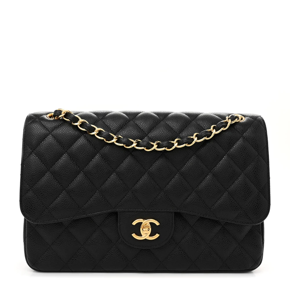 Chanel Black Quilted Caviar Leather Jumbo Double Flap Gold Hardware Front replica handbag