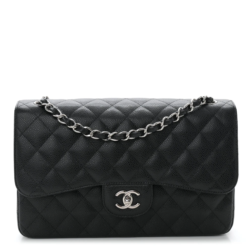 Chanel Black Quilted Caviar Leather Jumbo Double Flap Silver Hardware Front replica handbags