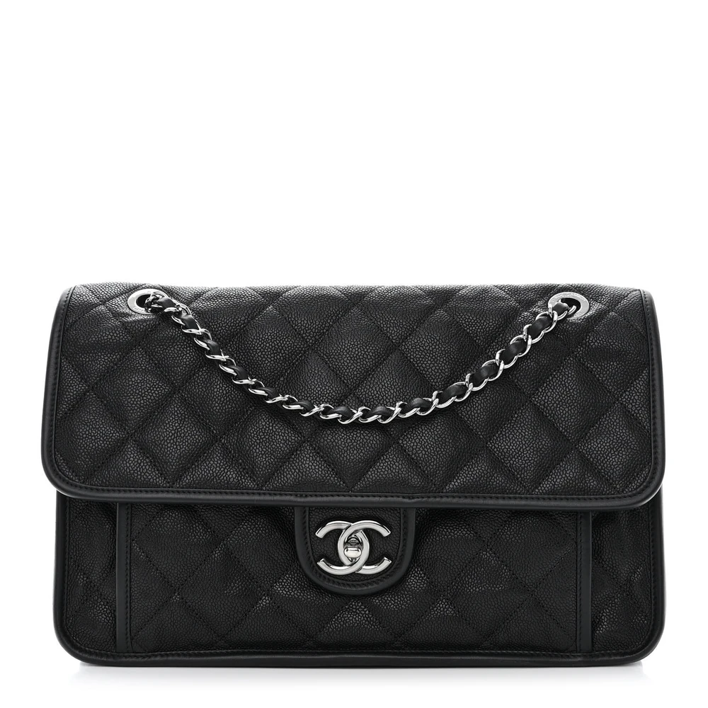 Chanel Black Quilted Caviar Leather Large French Riviera Flap Silver Hardware Front replica handbags
