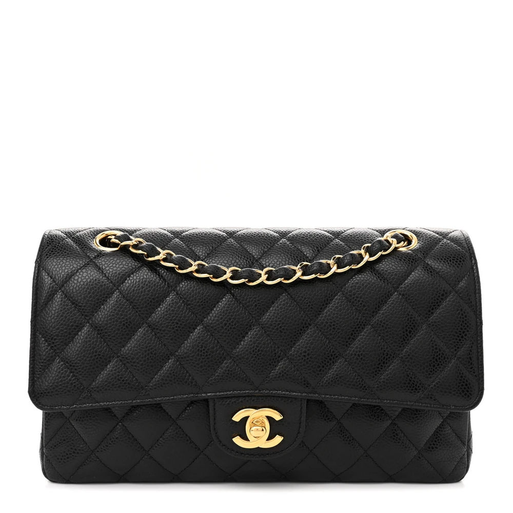 Chanel Black Quilted Caviar Leather Medium Double Flap Gold Hardware Front replica handbag