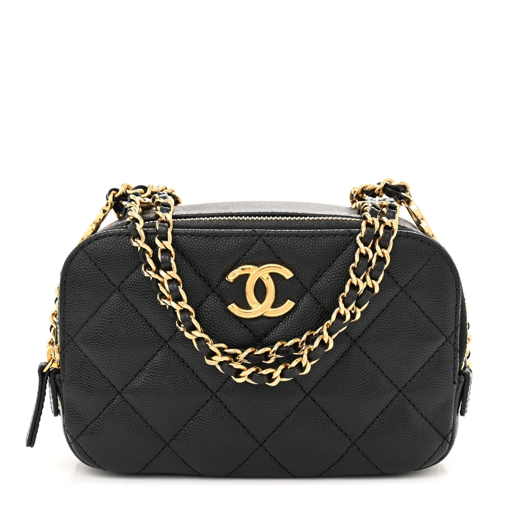 Chanel Black Quilted Caviar Leather Mini CC You Camera Case Gold Hardware Front replica handbag
