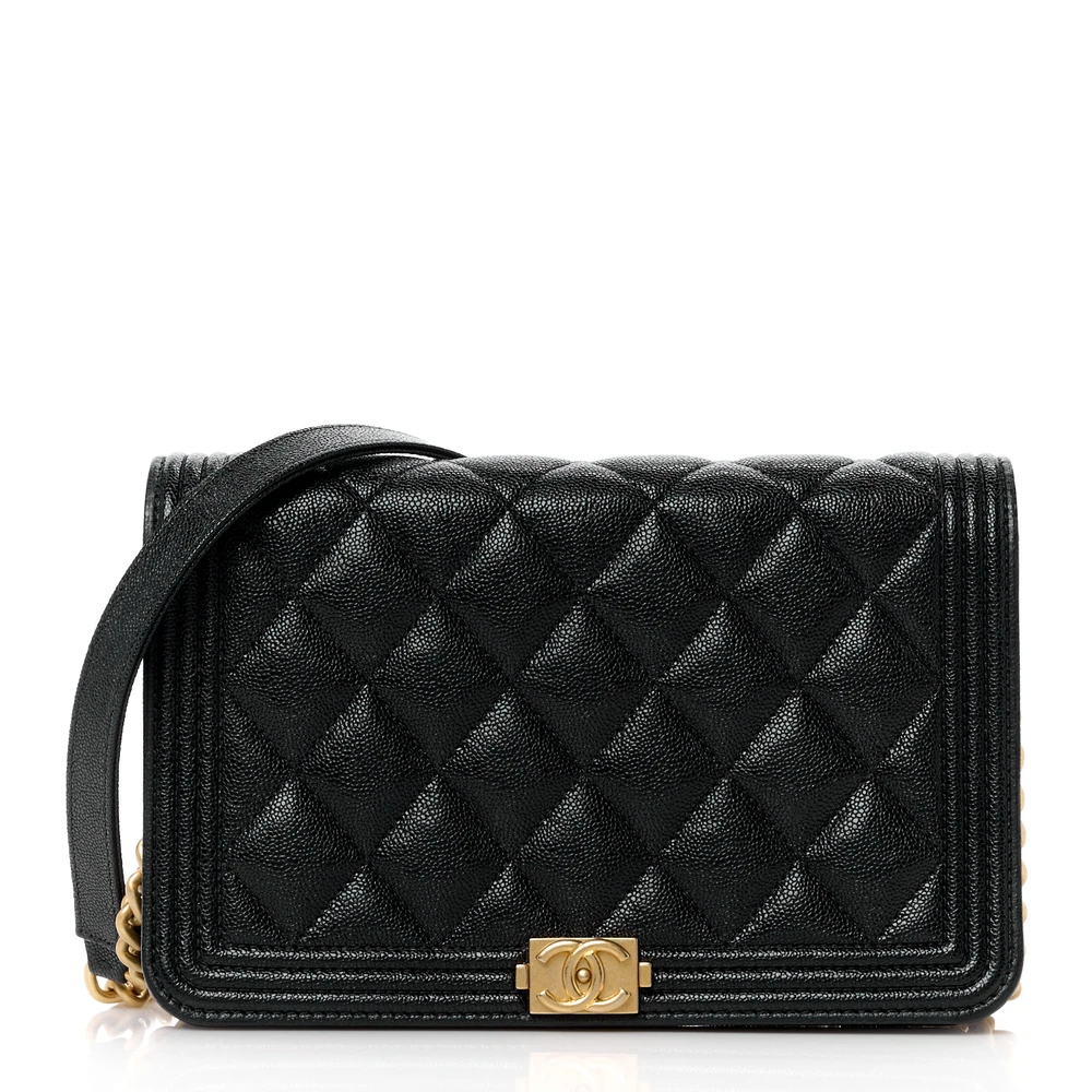 Chanel Black Quilted Caviar Leather Small Boy Wallet On Chain (WOC) Aged Gold Hardware Front replica handbags
