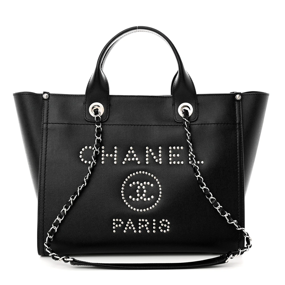 Chanel Black Quilted Caviar Leather Small Studded Deauville Tote Silver Hardware Front replica handbag