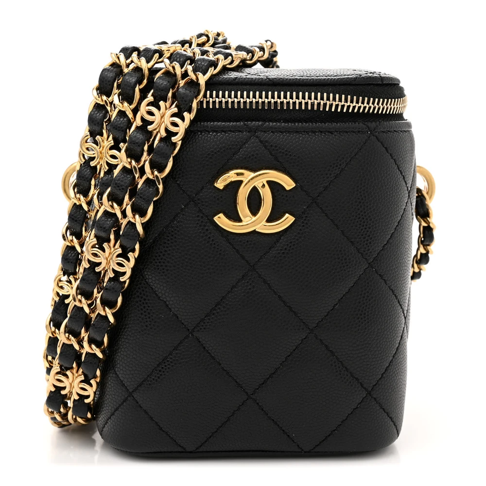 Chanel Black Quilted Caviar Leather Small Vertical Vanity Case With Chain Gold Hardware Front replica handbags