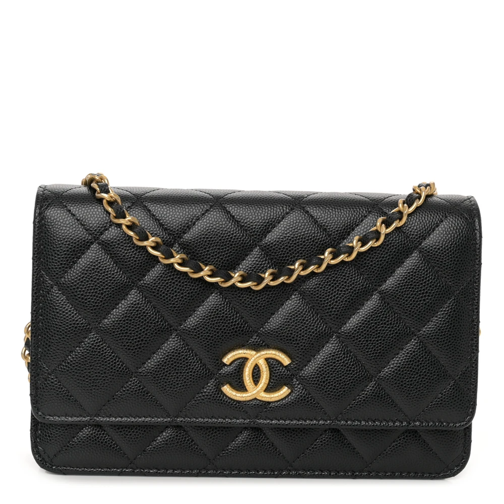Chanel Black Quilted Caviar Leather Small Wallet On Chain (WOC) Gold Hardware Front replica handbag