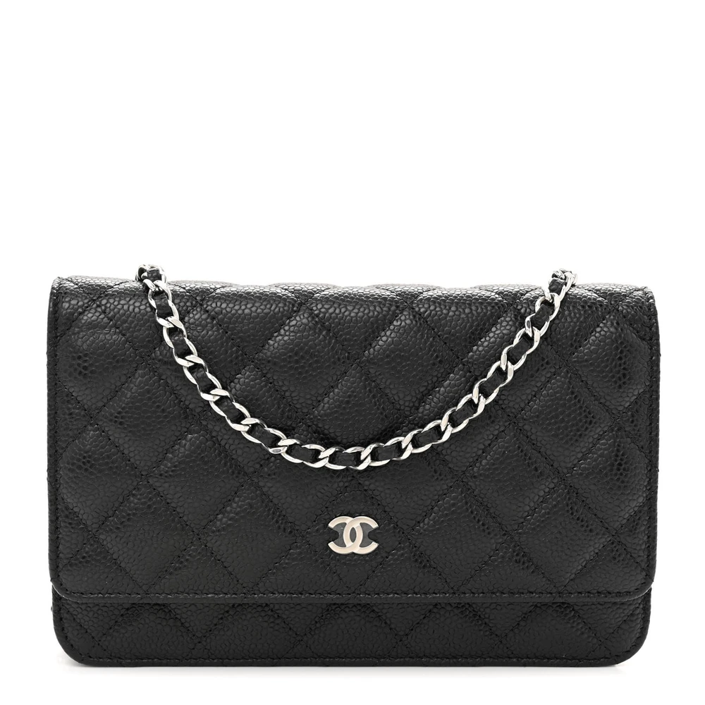 Chanel Black Quilted Caviar Leather Small Wallet On Chain (WOC) Silver Hardware Front replica handbag