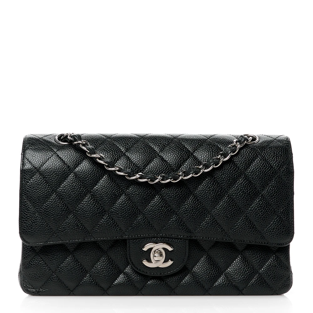 Chanel Black Quilted Caviar Leather Small Wallet On Chain (WOC) Silver Hardware Front replica handbag