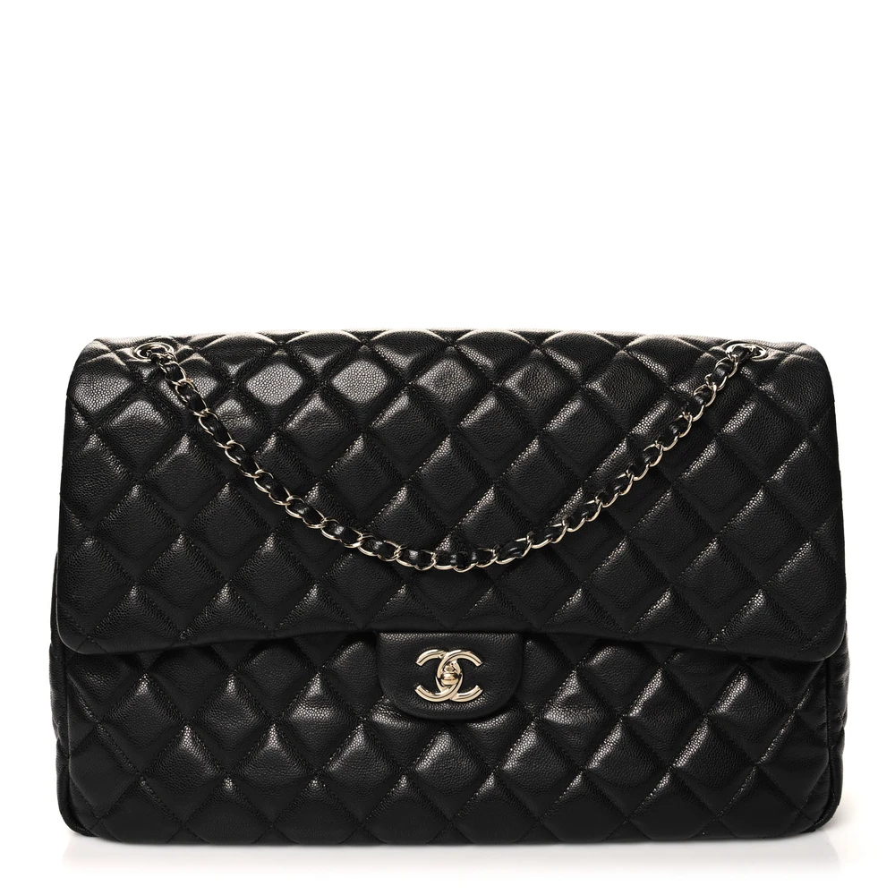 Chanel Black Quilted Caviar Leather XXL Travel Flap Light Gold Hardware Front replica handbag