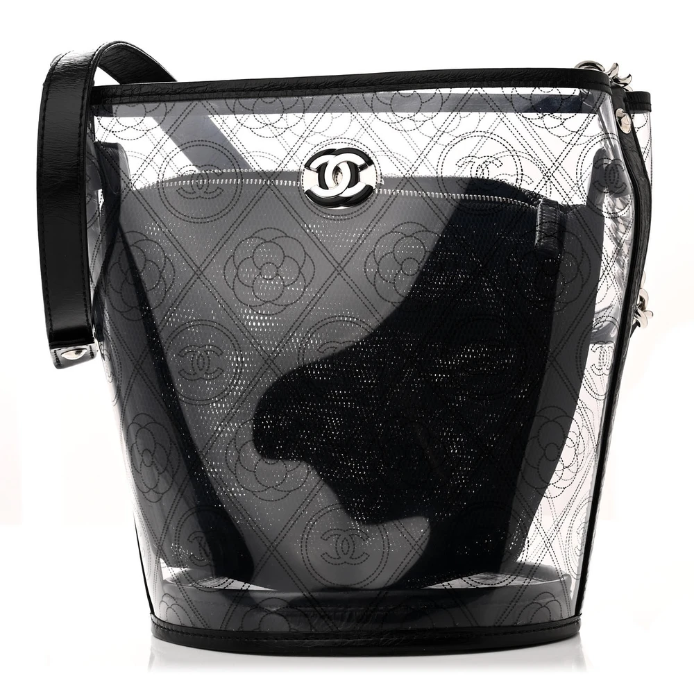 Chanel Black Quilted Crumpled Calfskin Leather & PVC Bucket Bag Silver Hardware Front replica handbag