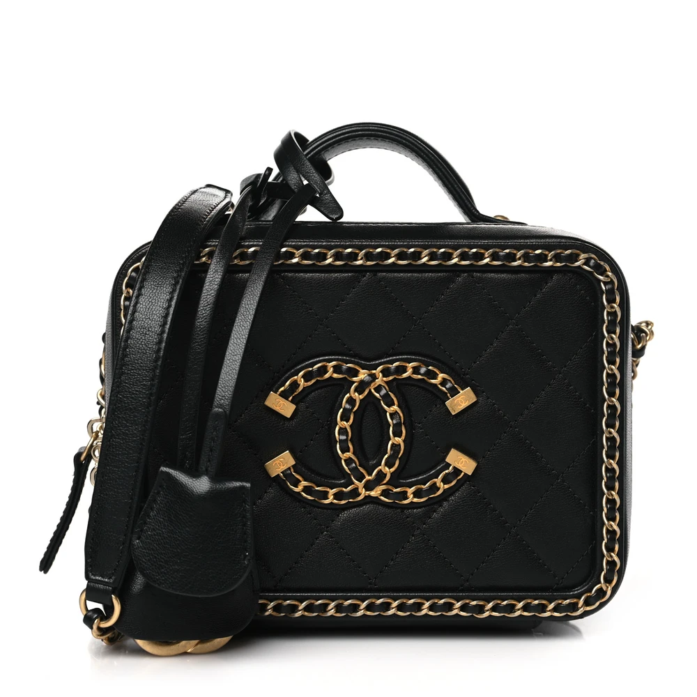 Chanel Black Quilted Goatskin Leather Small CC Filigree Vanity Case Gold Hardware Front replica handbags