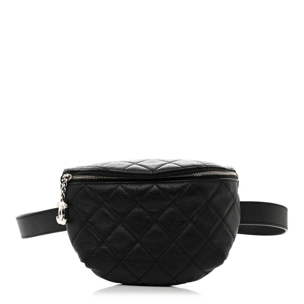 Chanel Black Quilted Grained Calfskin Leather Small Waist Belt Bag Silver Hardware Front replica handbag