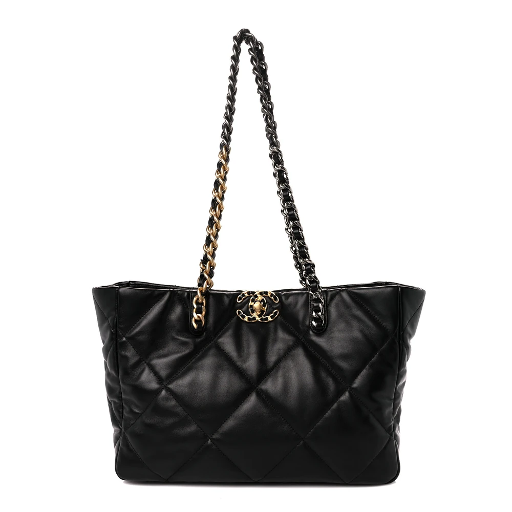 Chanel Black Quilted Lambskin Leather Medium Chanel 19 East-West Shopping Bag Mixed Metal Hardware Front replica handbag