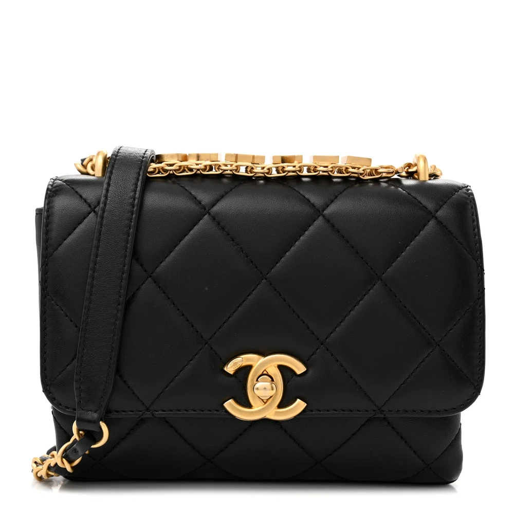 Chanel Black Quilted Lambskin Leather Mini CC Crystal Logo Chain Flap Aged Gold Hardware Front replica handbag