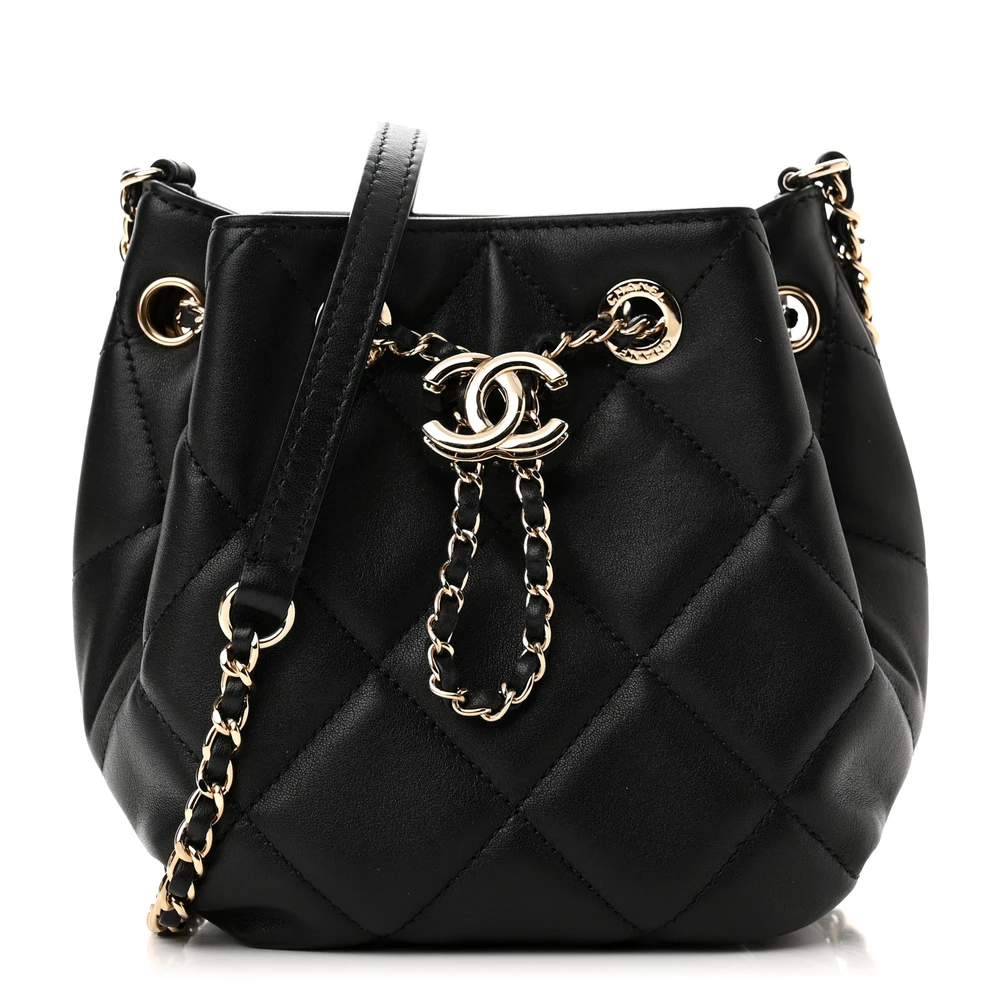 Chanel Black Quilted Lambskin Leather Small CC Dweller Drawstring Bucket Light Gold Hardware Front replica handbag