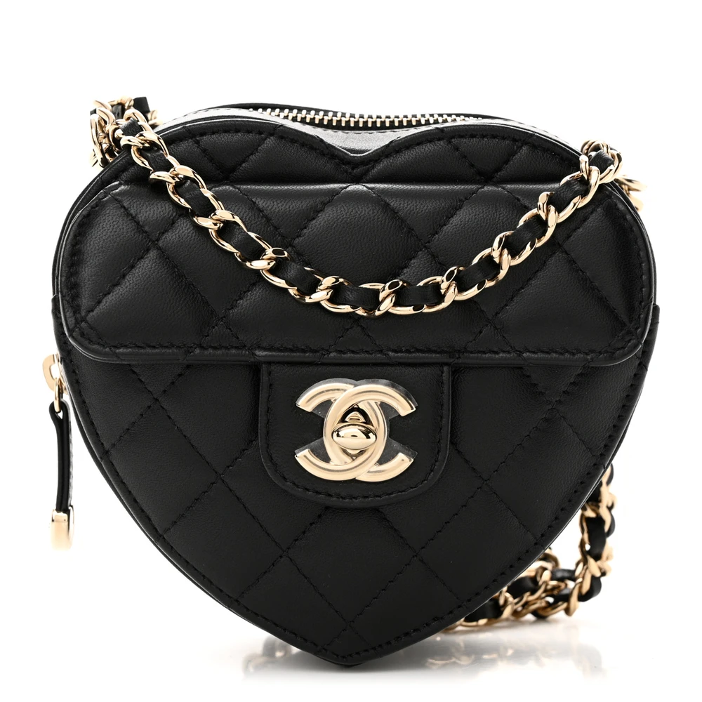 Chanel Black Quilted Lambskin Leather Small CC In Love Heart Clutch With Chain Light Gold Hardware Front replica handbag