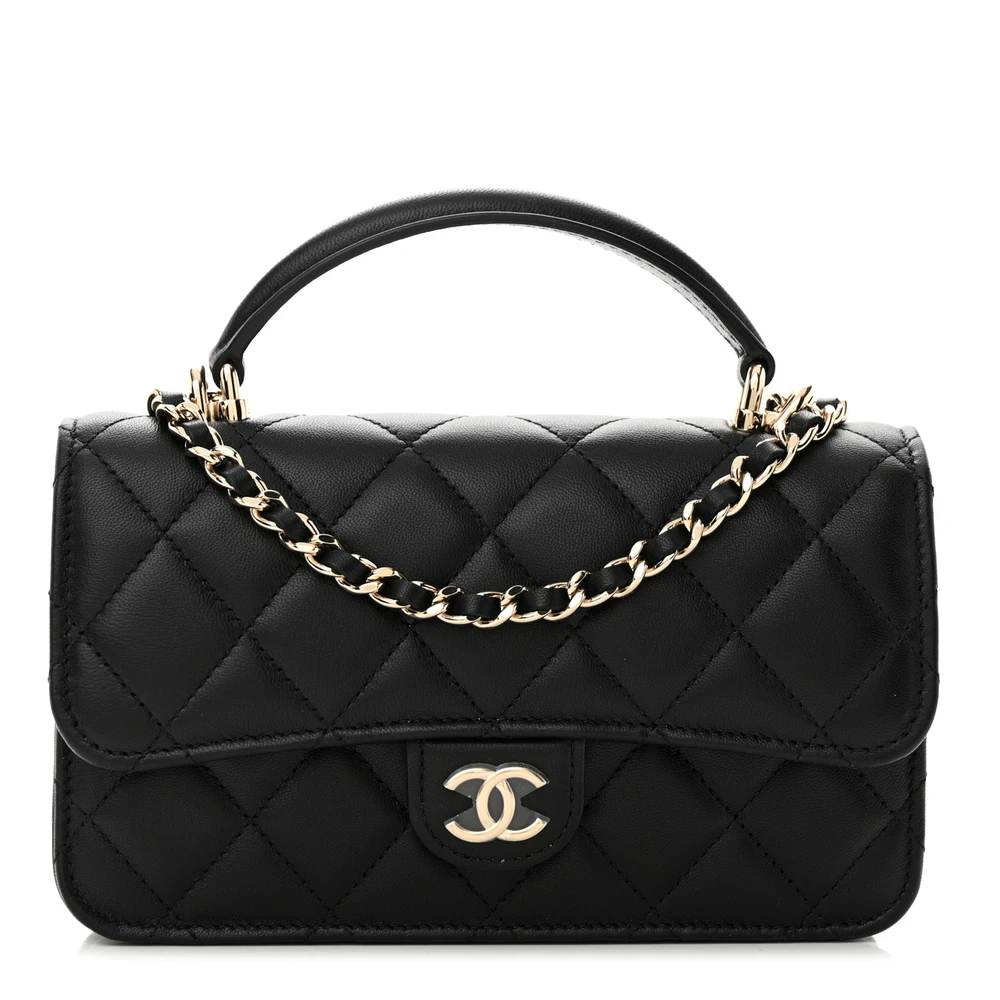Chanel Black Quilted Lambskin Leather Small Flap Phone Holder With Chain Light Gold Hardware Front replica handbag
