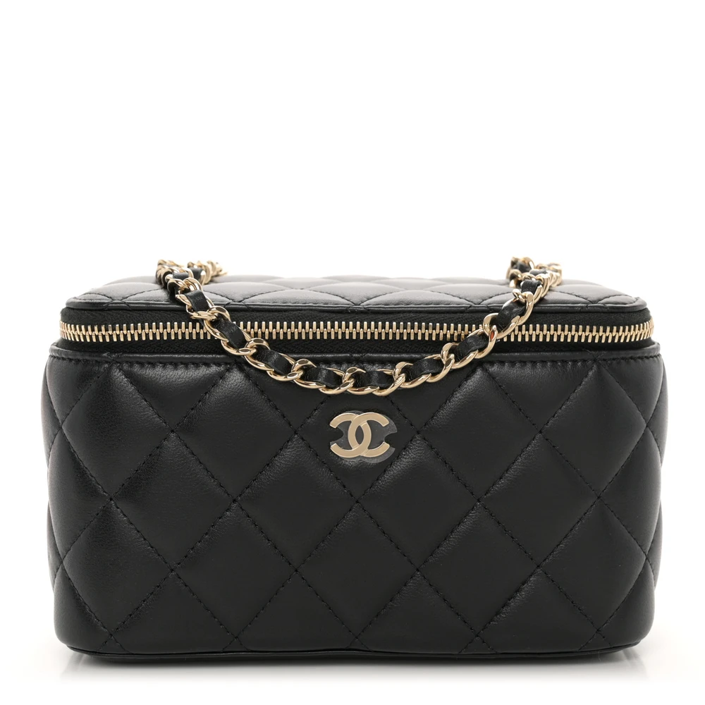 Chanel Black Quilted Lambskin Leather Small Vanity Case With Chain Light Gold Hardware Front replica handbag