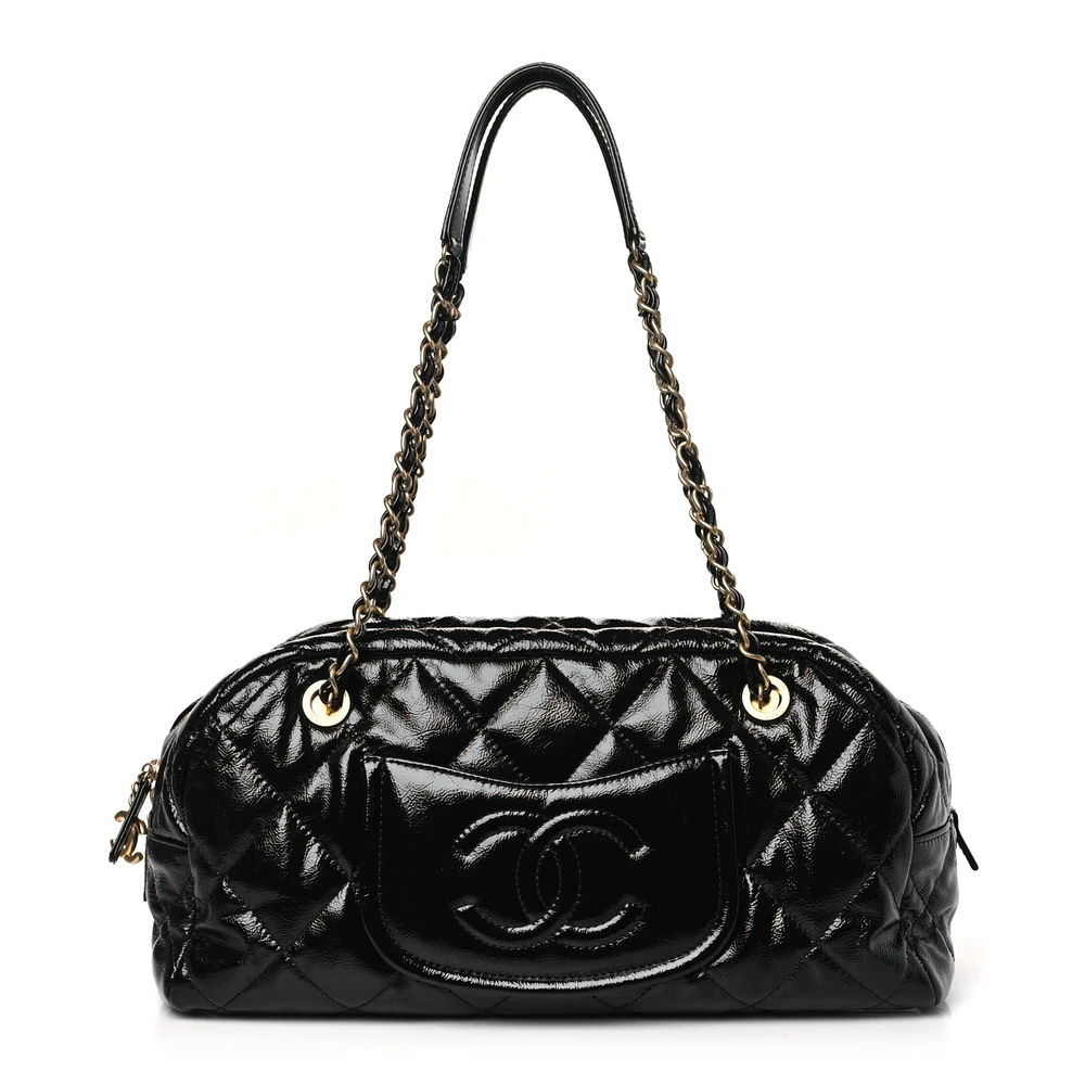 Chanel Black Quilted Shiny Aged Calfskin Leather Medium Bowler Bag Silver Hardware Front replica handbag