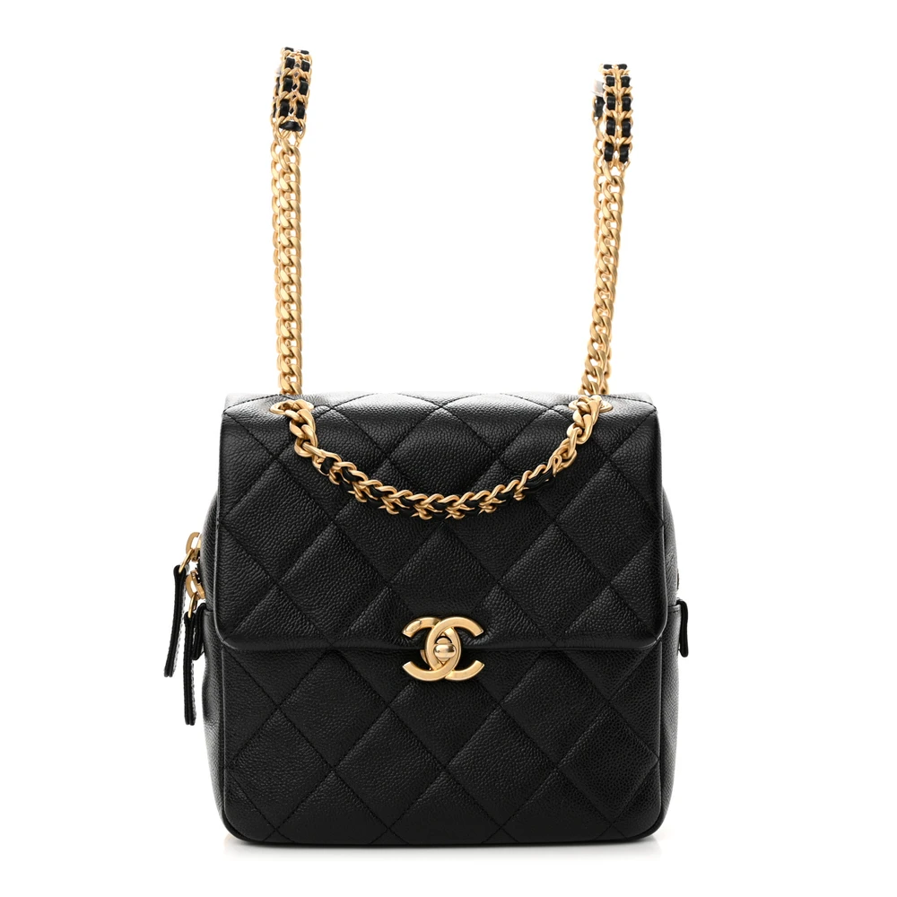 Chanel Black Quilted Shiny Caviar Leather Small Chain Melody Backpack Gold Hardware Front replica handbag