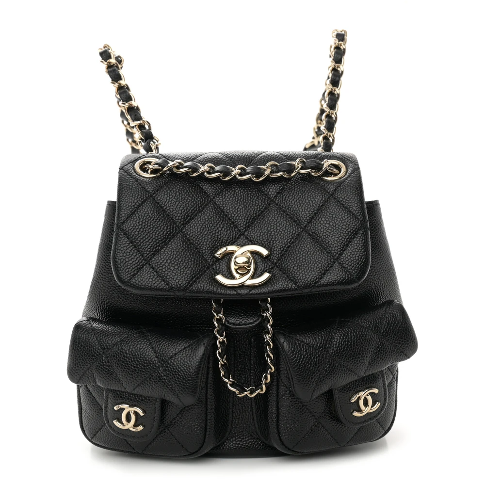 Chanel Black Quilted Shiny Caviar Leather Small Duma Pockets Drawstring Backpack Light Gold Hardware Front replica handbag