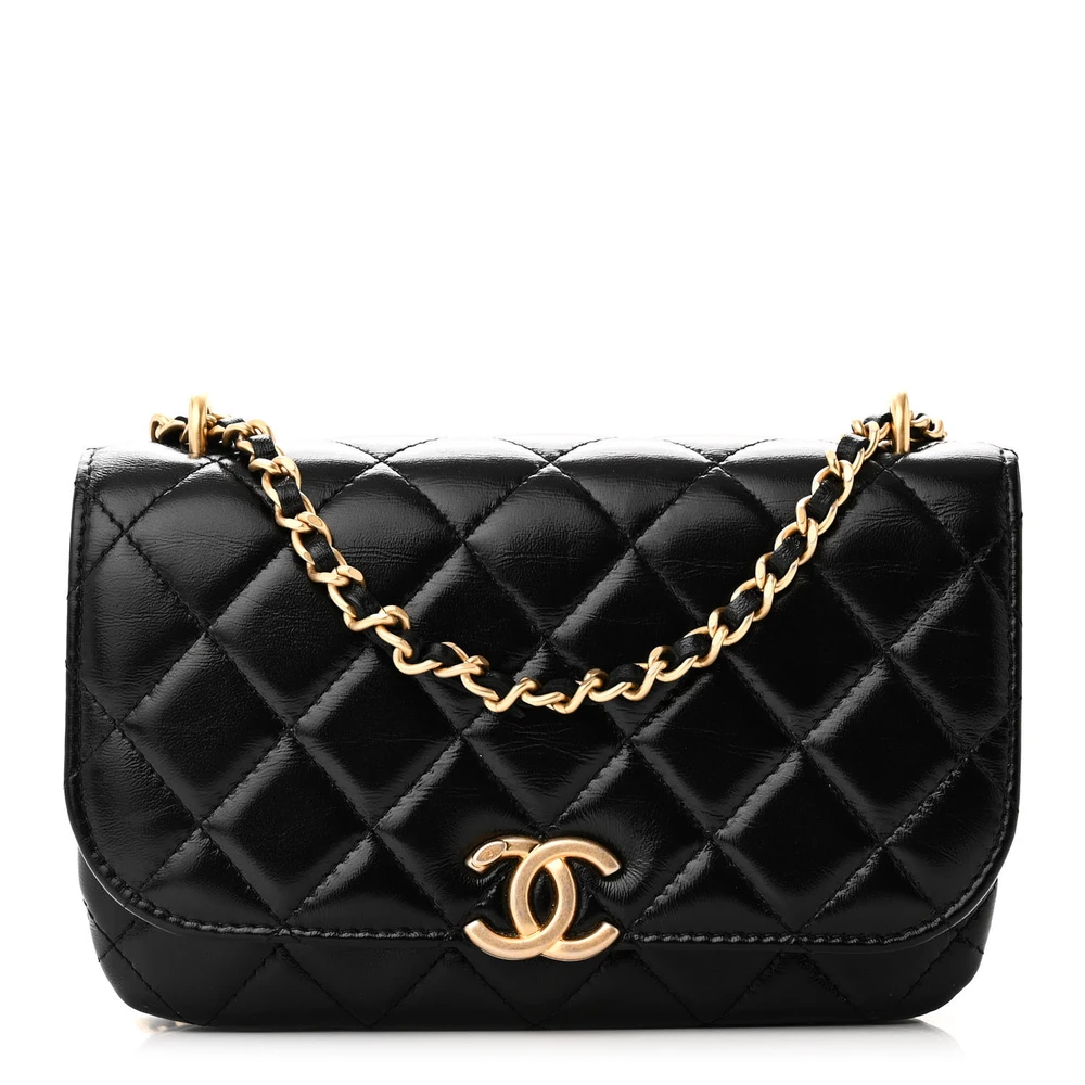 Chanel Black Quilted Shiny Lambskin Leather Small Flap Phone Holder With Chain Gold Hardware Front replica handbag