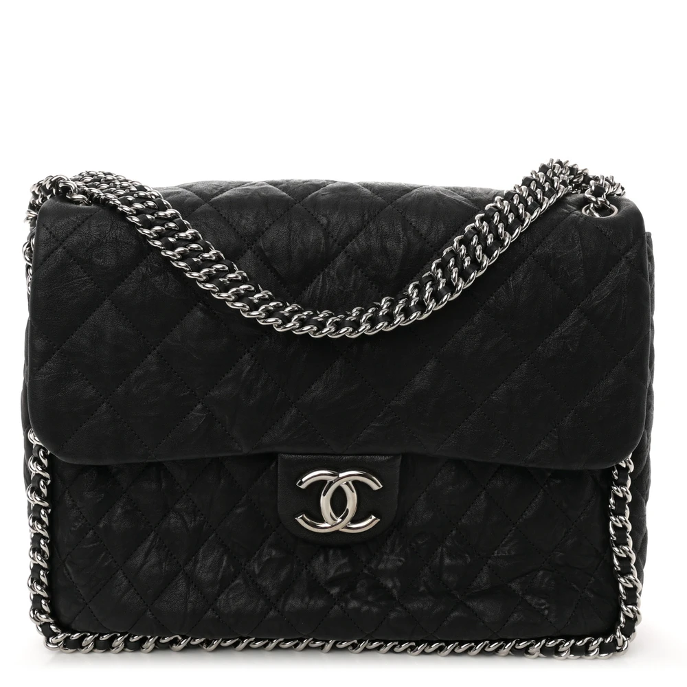 Chanel Black Quilted Washed Lambskin Leather Maxi Chain Around Flap Silver Hardware Front replica handbag