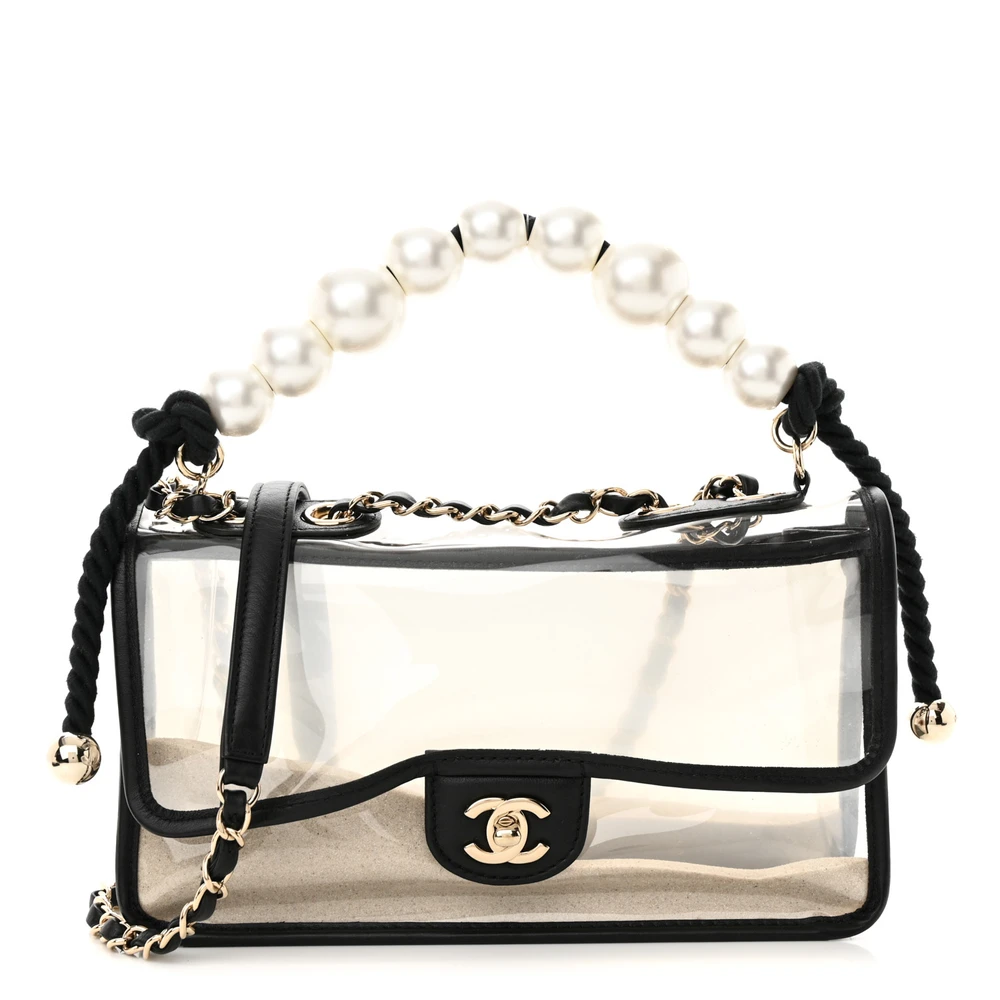 Chanel BlackWhite Lambskin Leather & PVC Small Sand By The Sea Flap With Pearl Strap Light Gold Hardware Front replica handbag