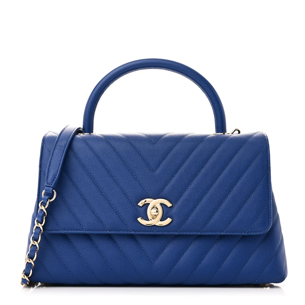 Chanel Blue Chevron Quilted Caviar Leather Small Coco Handle Flap Light Gold Hardware Front
