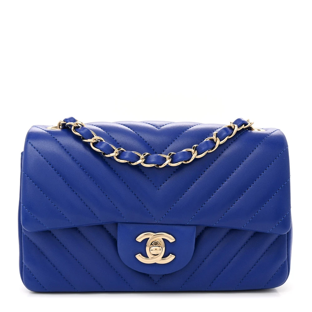 Chanel Blue Chevron Quilted Lambskin Leather Mini Rectangular Flap Light Gold Hardware Front replica handbag