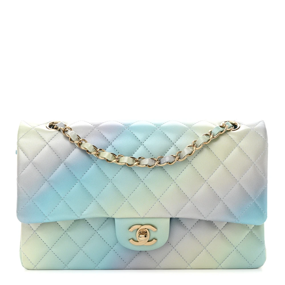 Chanel Blue Multicolor Quilted Lambskin Leather Tie Dye Ombre Medium Double Flap Gold Hardware Front replica handbag