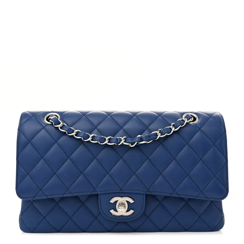 Chanel Blue Quilted Caviar Leather Medium Double Flap Silver Hardware Front replica handbag