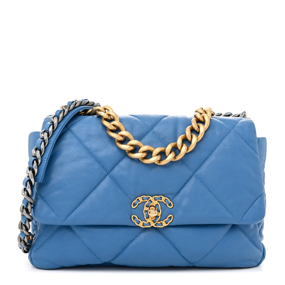 Chanel Blue Quilted Goatskin Leather Large Chanel 19 Flap Mixed Metal Hardware Front replica handbag
