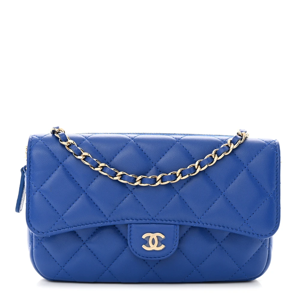 Chanel Blue Quilted Lambskin Leather Flap Phone Holder With Chain Ligth Gold Hardware Front replica handbag