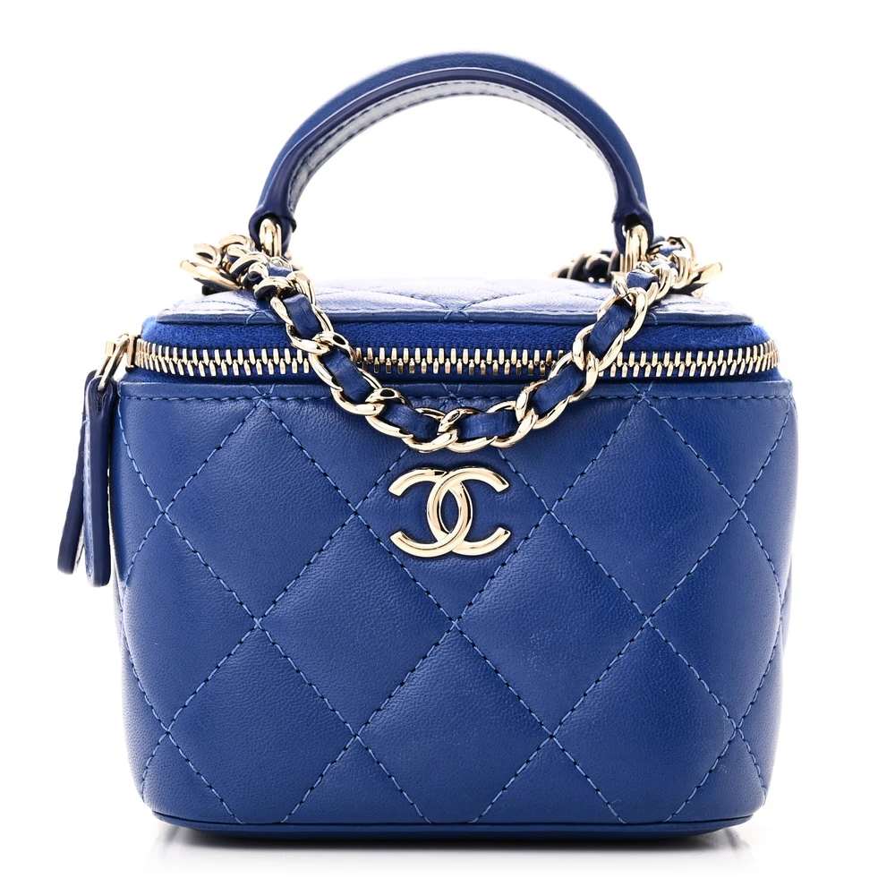 Chanel Blue Quilted Lambskin Leather Top Handle Mini Vanity Case With Chain Silver Hardware Front replica handbags