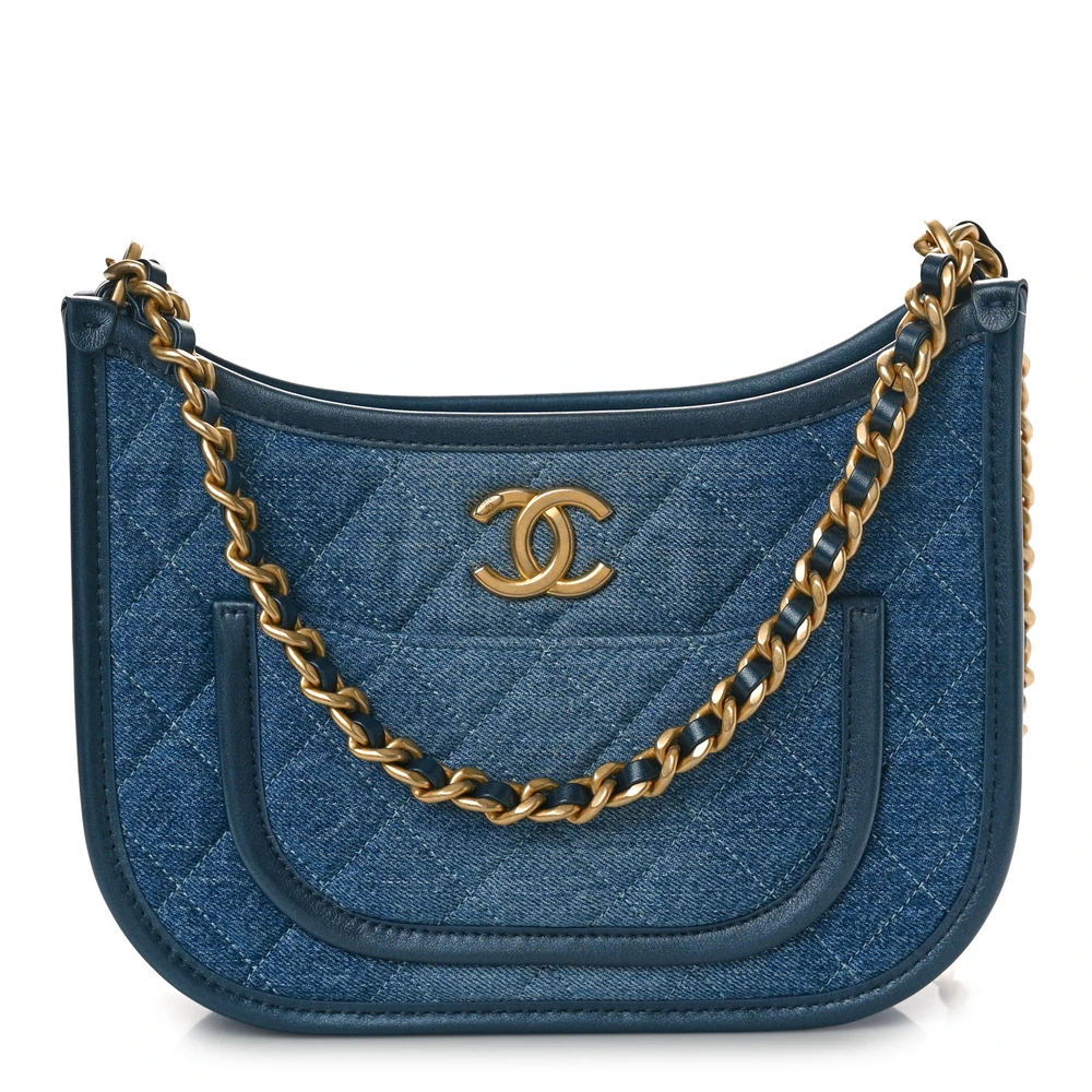 Chanel Blue Quilted Washed Denim Medium Hobo Aged Gold Hardware Front replica handbags