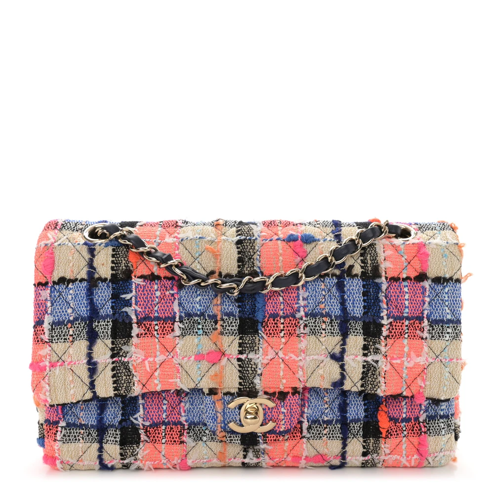 Chanel BlueOrangeYellow Quilted Tweed Medium Double Flap Light Gold Hardware Front replica handbag